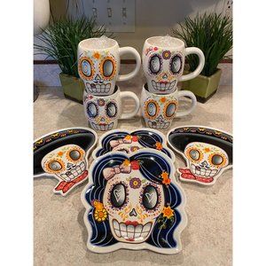 Magenta Day of the Dead 8pc Mug and Appetizer Plates